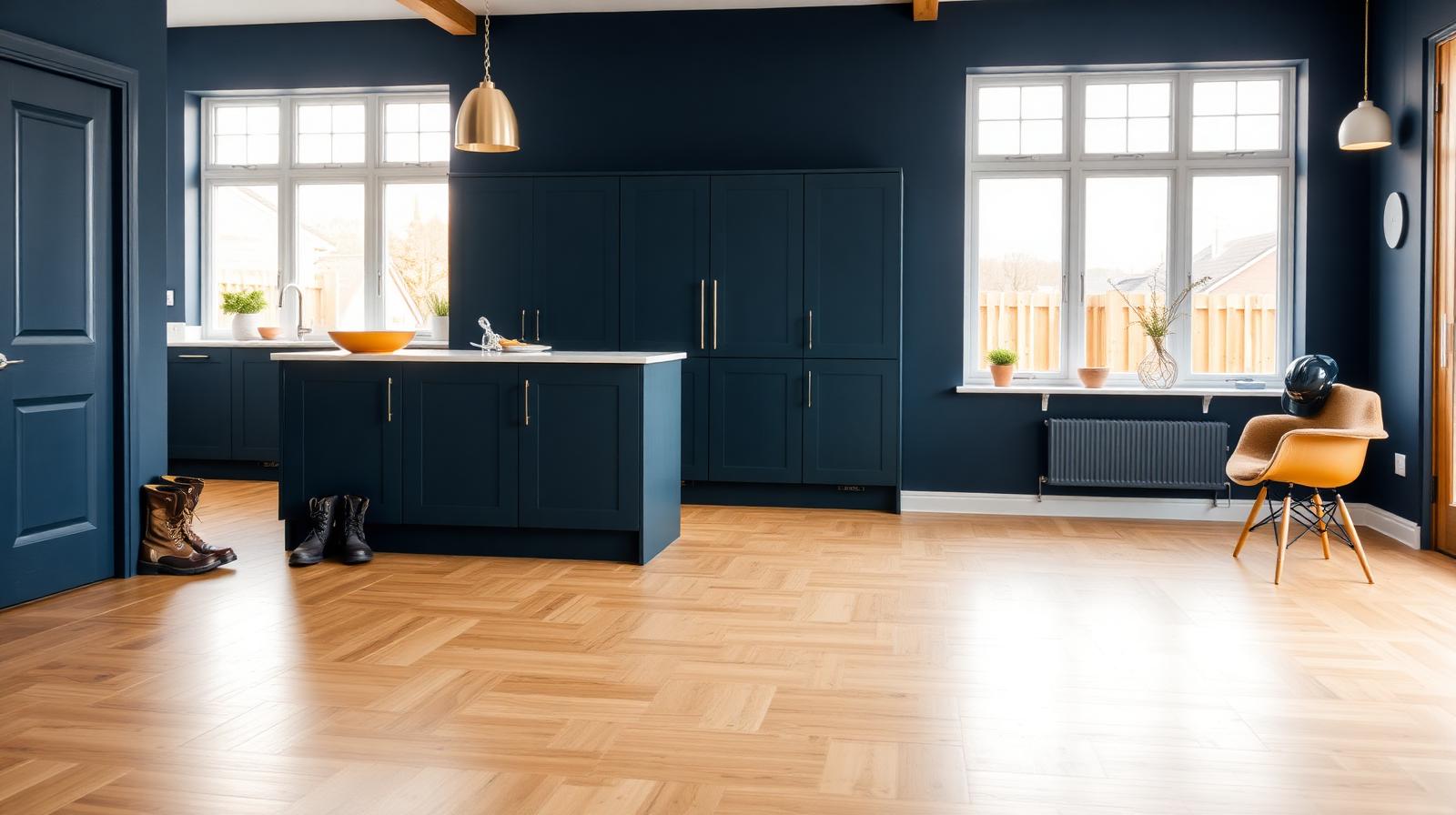 Furnished contractor house kitchen with navy cabinetry, work boots by the door and wooden flooring