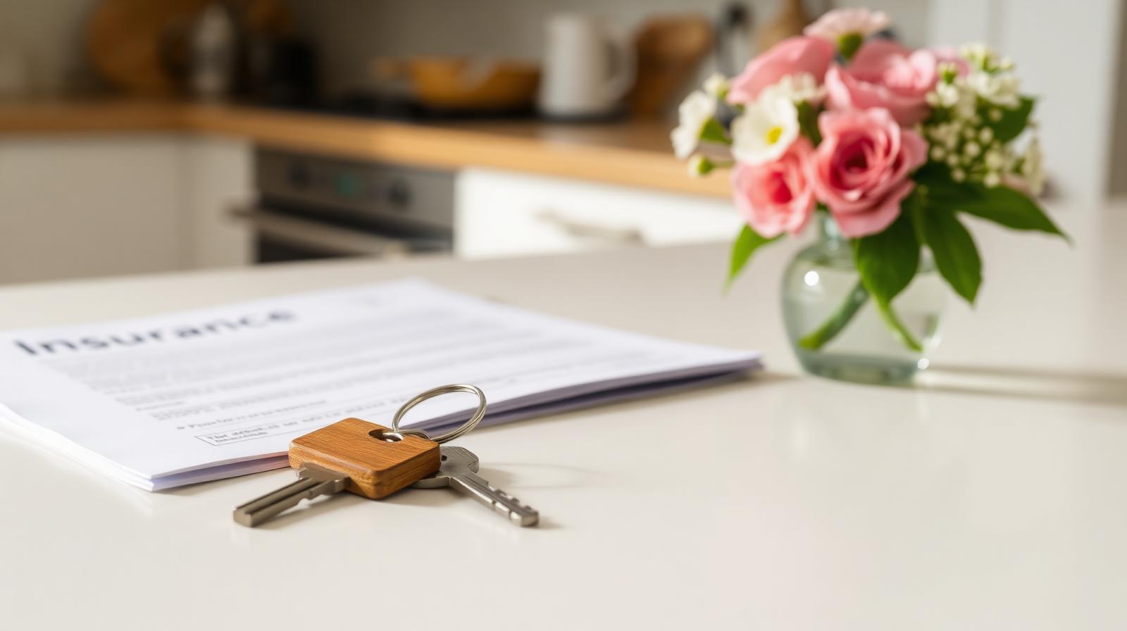 House keys with a wooden keyring on a clean kitchen worktop next to a folded insurance document and fresh flowers