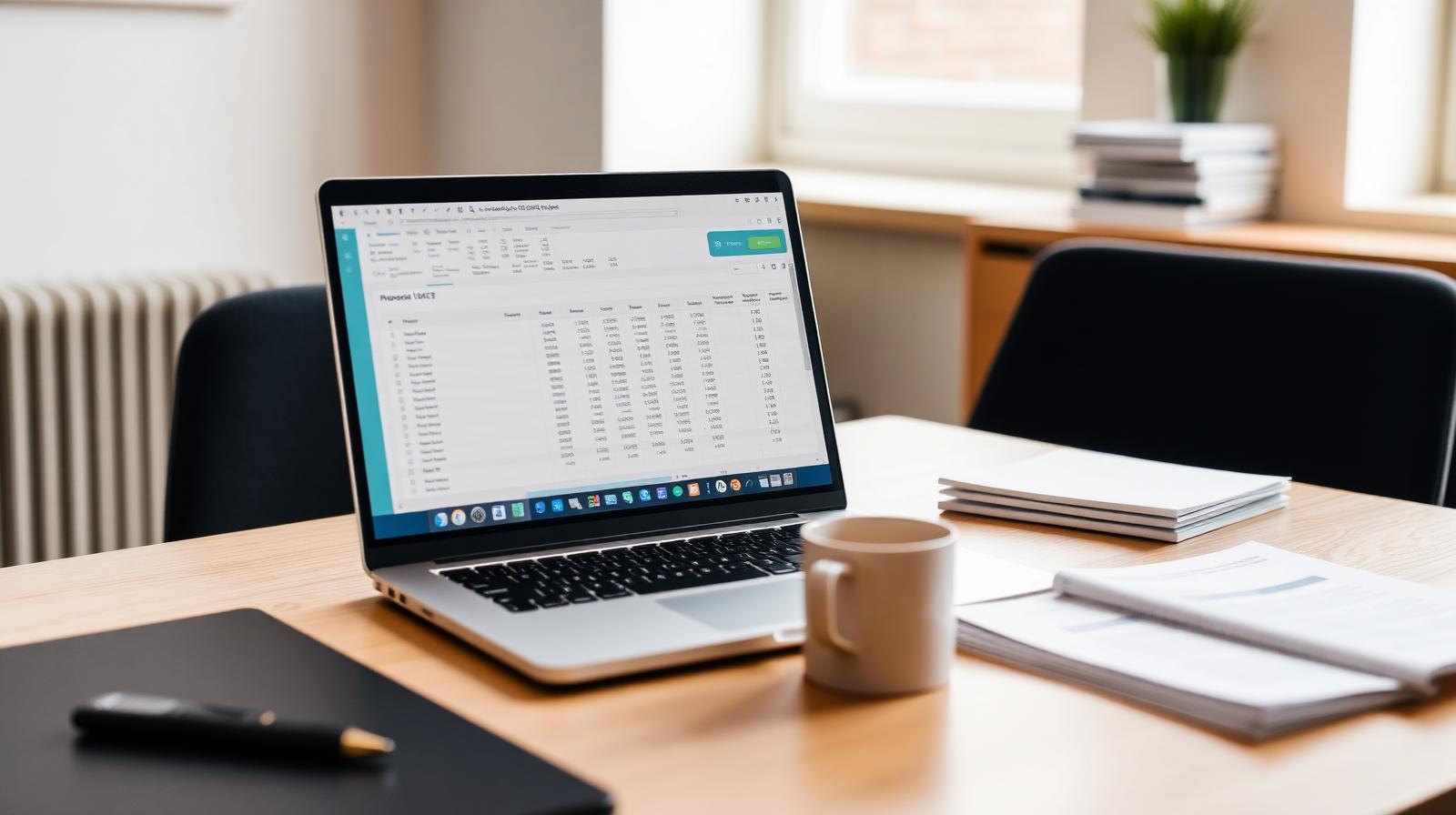 Laptop showing an invoice spreadsheet beside a stack of paper invoices on a tidy desk