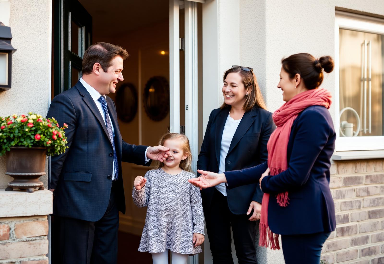 Loss adjuster handing keys to a relieved family on the doorstep of a warm UK home at golden hour