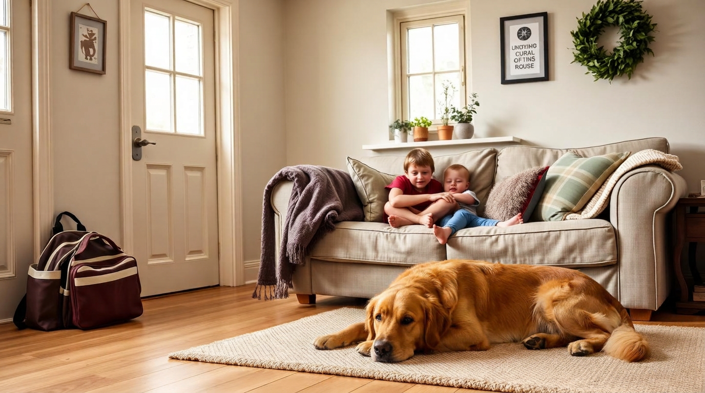 Warm family living room with a sofa, throw blanket, school bag and a sleeping golden retriever on a rug