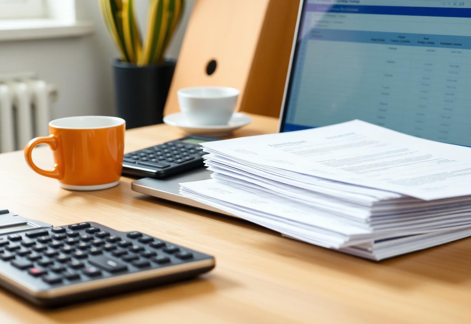 Tidy office desk with consolidated invoices, calculator and laptop showing a finance spreadsheet