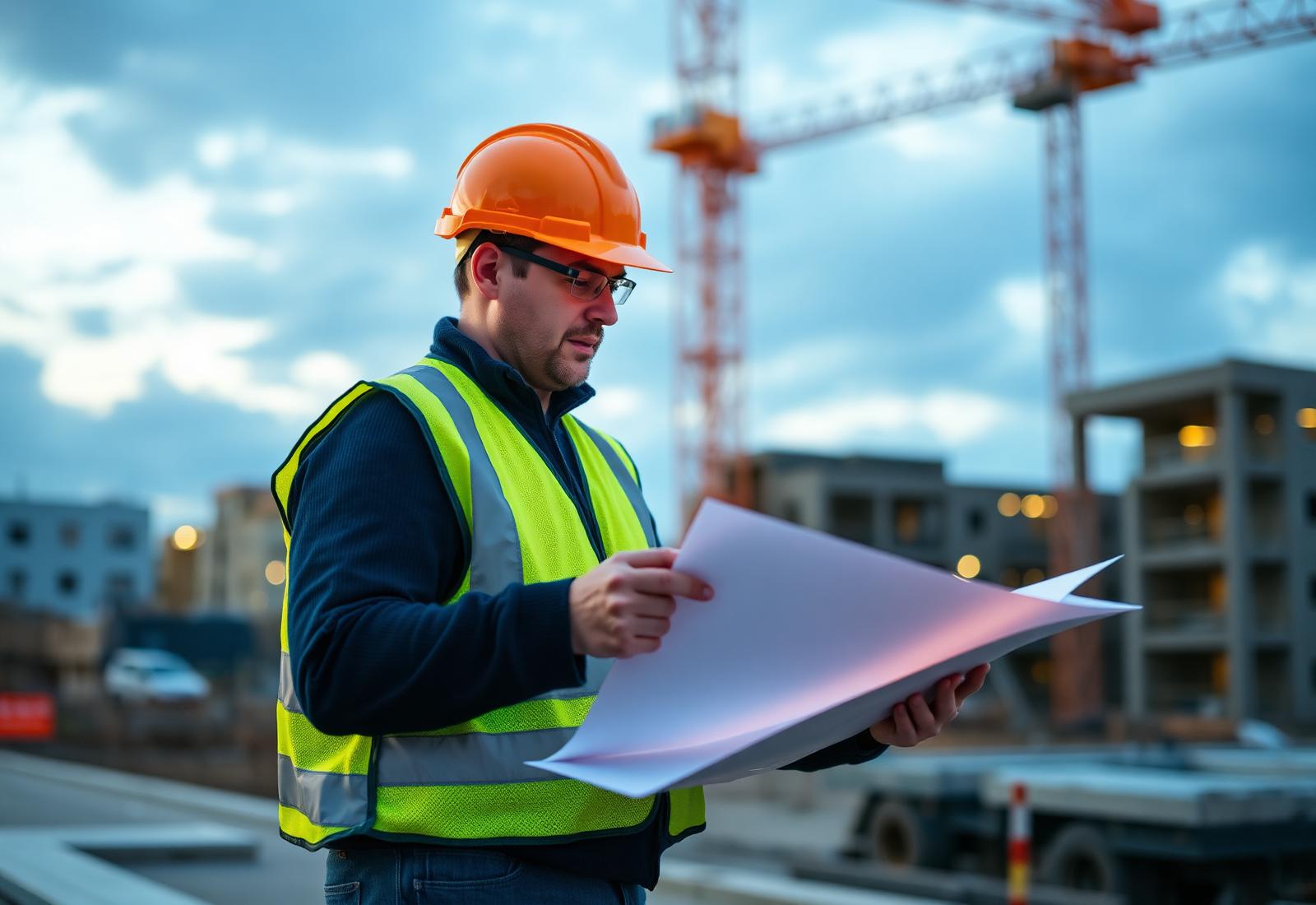 UK construction project manager in hi-vis vest reviewing site plans on a building site at dusk