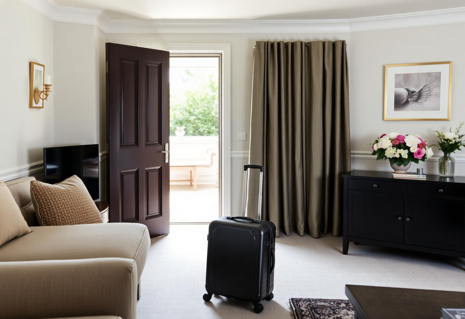 Elegant UK executive living room with neutral palette, suitcase by the door and fresh flowers